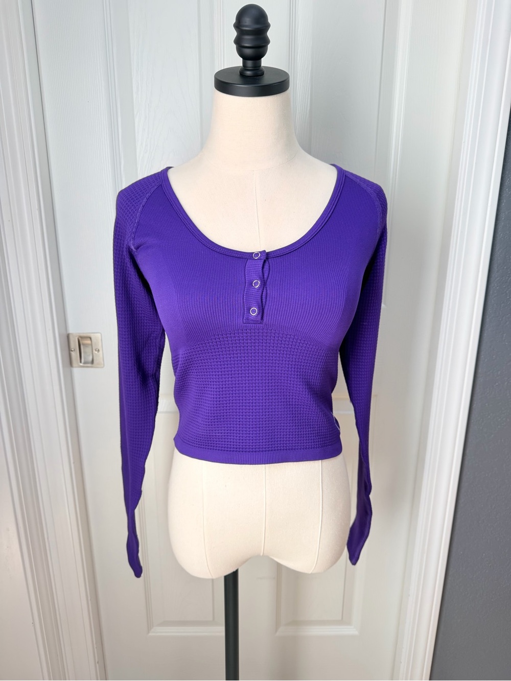 Free People Vibrant Purple Henley Cropped Long-Sleeve Top